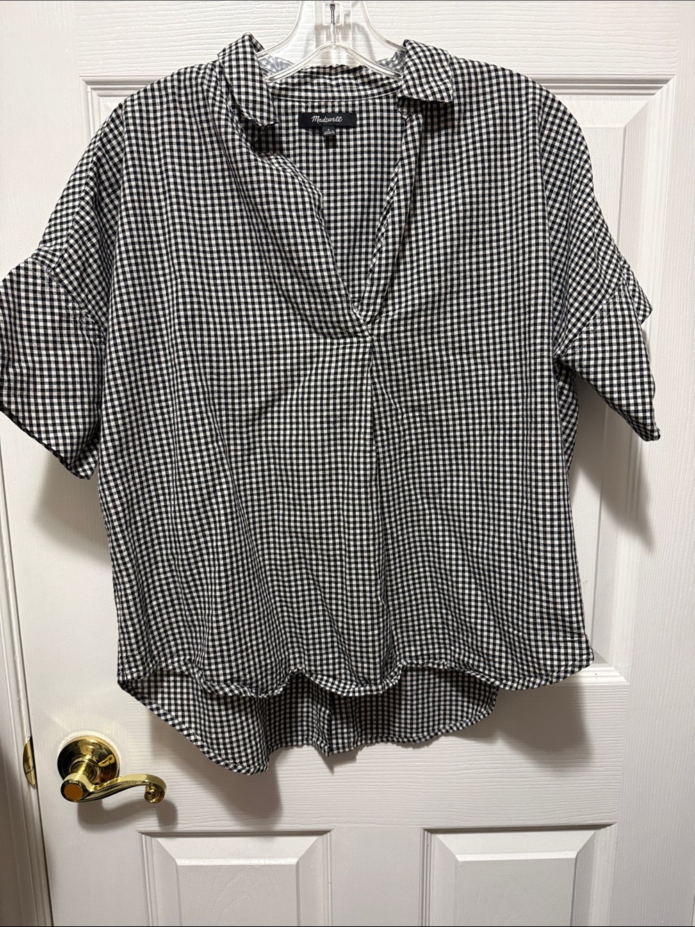Madewell Black & White Gingham Split V-Neck Blouse